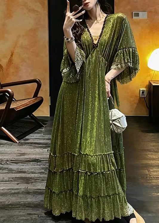 Women Green V Neck Gold Foil Ruffled Exra Large Hem Maxi Dresses Half Sleeve