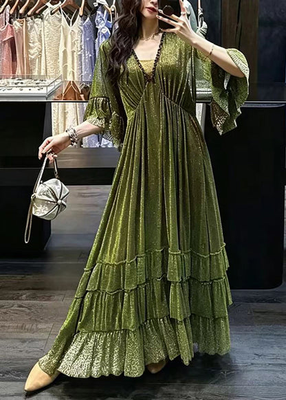 Women Green V Neck Gold Foil Ruffled Exra Large Hem Maxi Dresses Half Sleeve