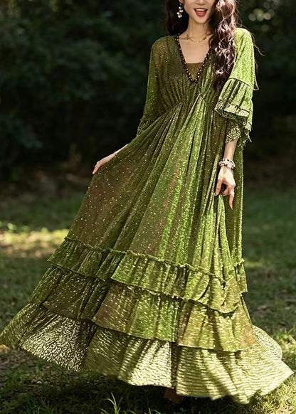 Women Green V Neck Gold Foil Ruffled Exra Large Hem Maxi Dresses Half Sleeve