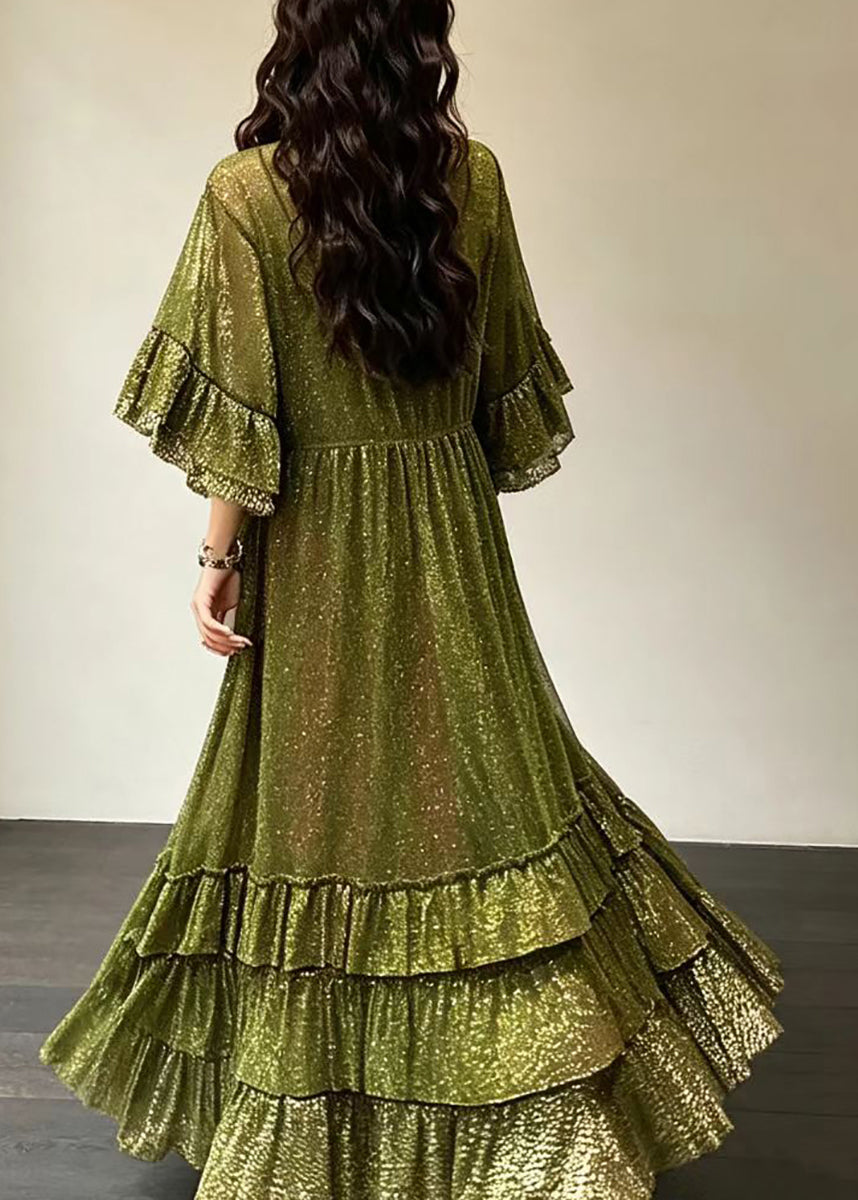 Women Green V Neck Gold Foil Ruffled Exra Large Hem Maxi Dresses Half Sleeve
