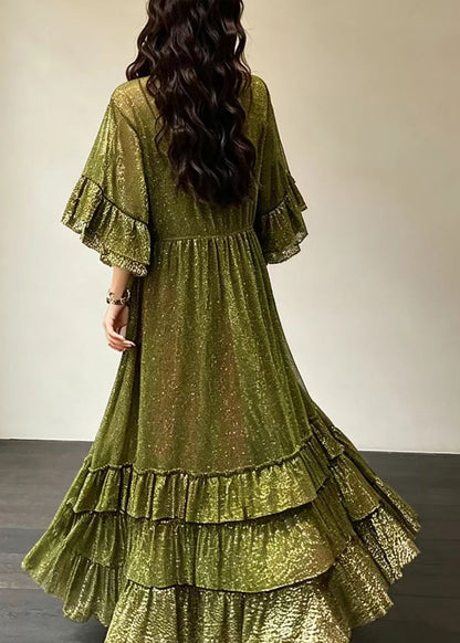 Women Green V Neck Gold Foil Ruffled Exra Large Hem Maxi Dresses Half Sleeve