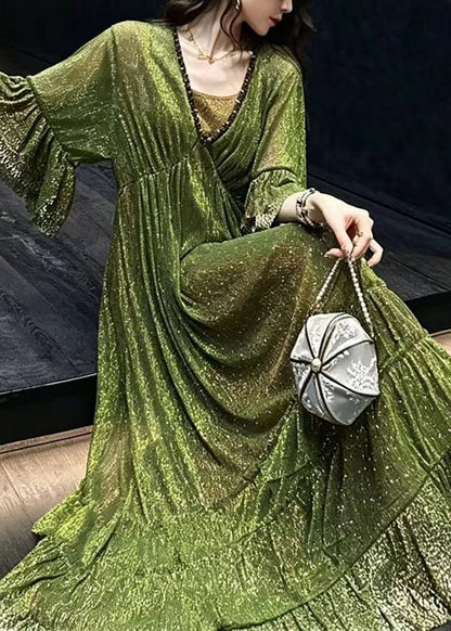 Women Green V Neck Gold Foil Ruffled Exra Large Hem Maxi Dresses Half Sleeve