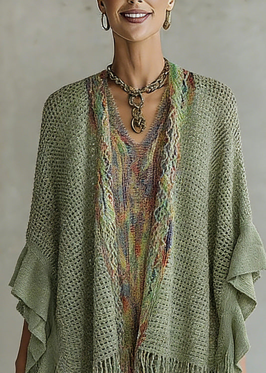 Women Green V Neck Knit Cardigan Batwing Sleeve