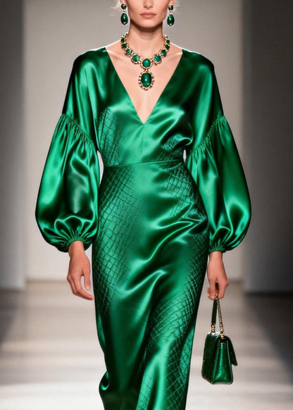 Women Green V Neck Patchwork Silk Dress Lantern Sleeve