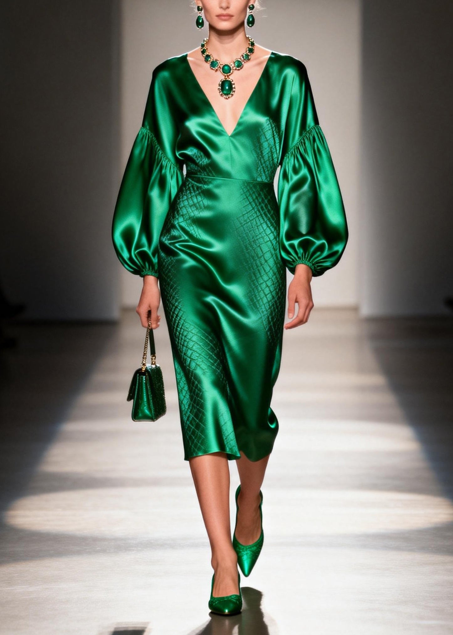 Women Green V Neck Patchwork Silk Dress Lantern Sleeve
