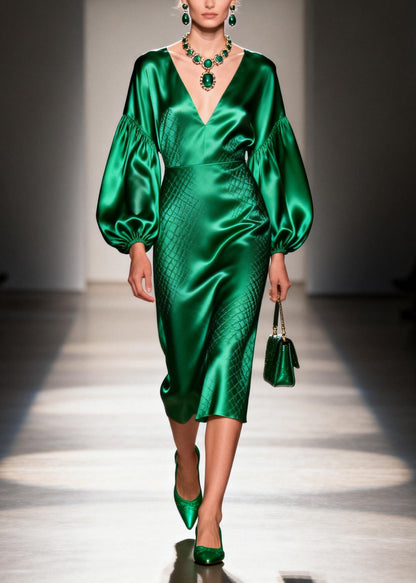 Women Green V Neck Patchwork Silk Dress Lantern Sleeve