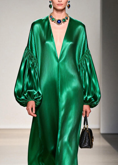 Women Green V Neck Patchwork Silk Long Dresses Lantern Sleeve