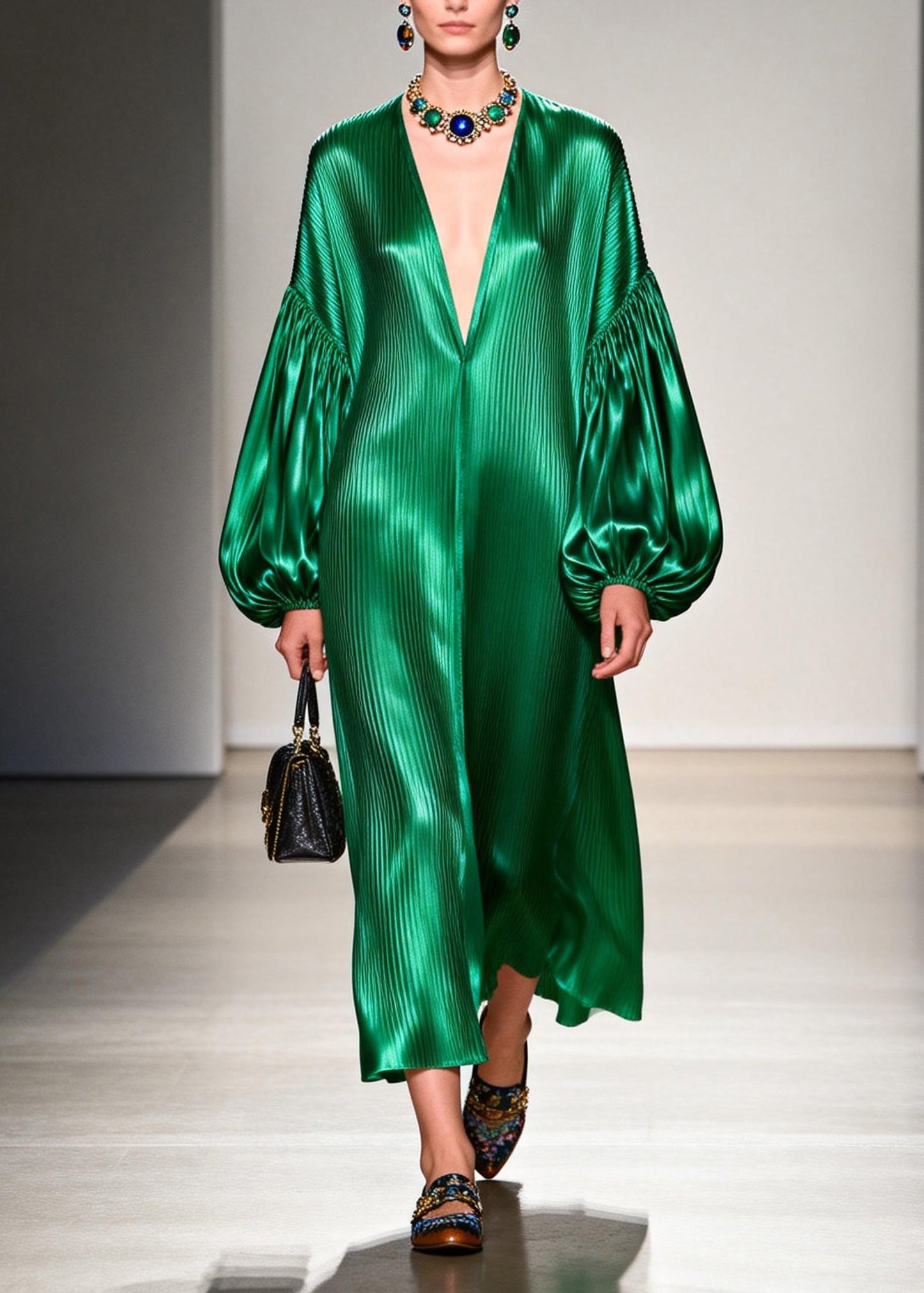 Women Green V Neck Patchwork Silk Long Dresses Lantern Sleeve