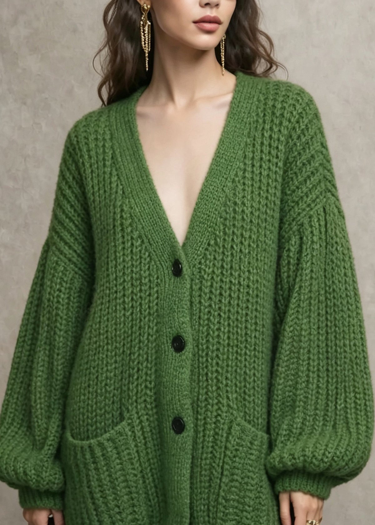 Women Green V Neck Pockets Button Knit Cardigans Fall