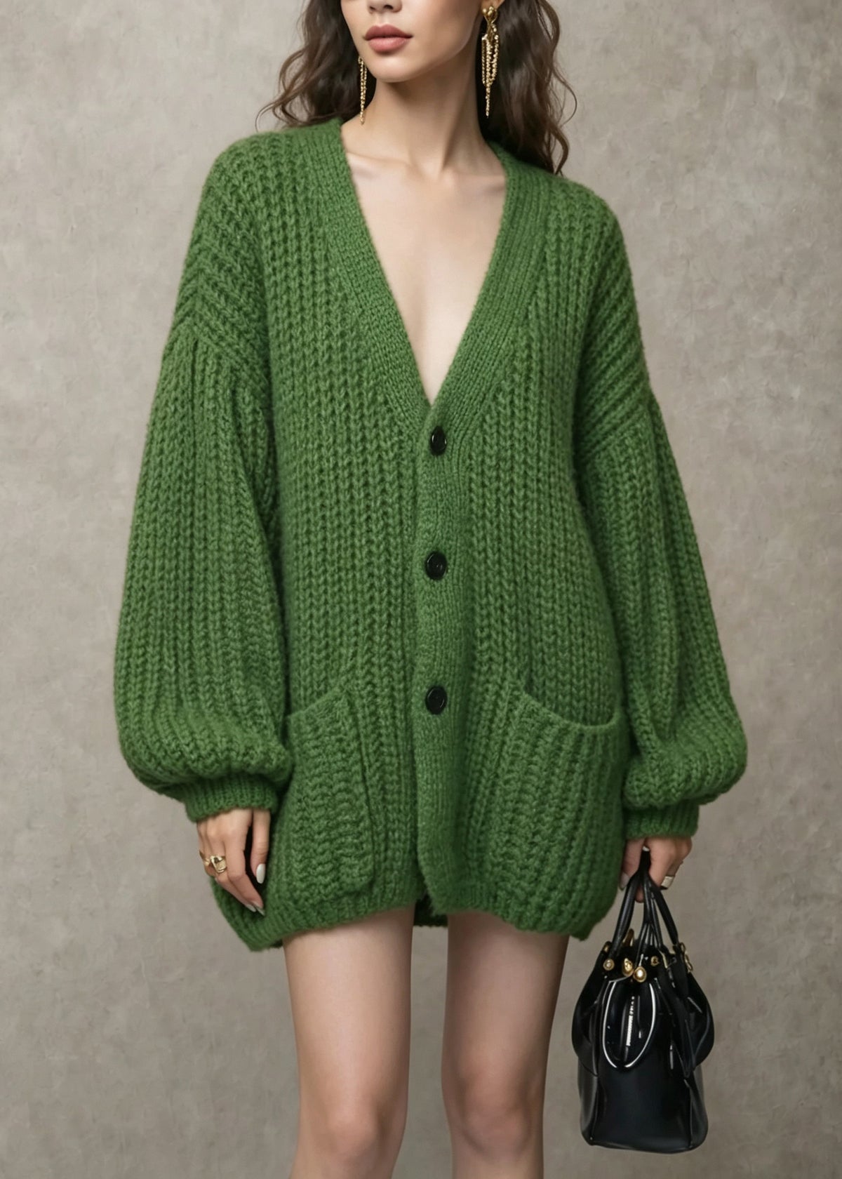 Women Green V Neck Pockets Button Knit Cardigans Fall