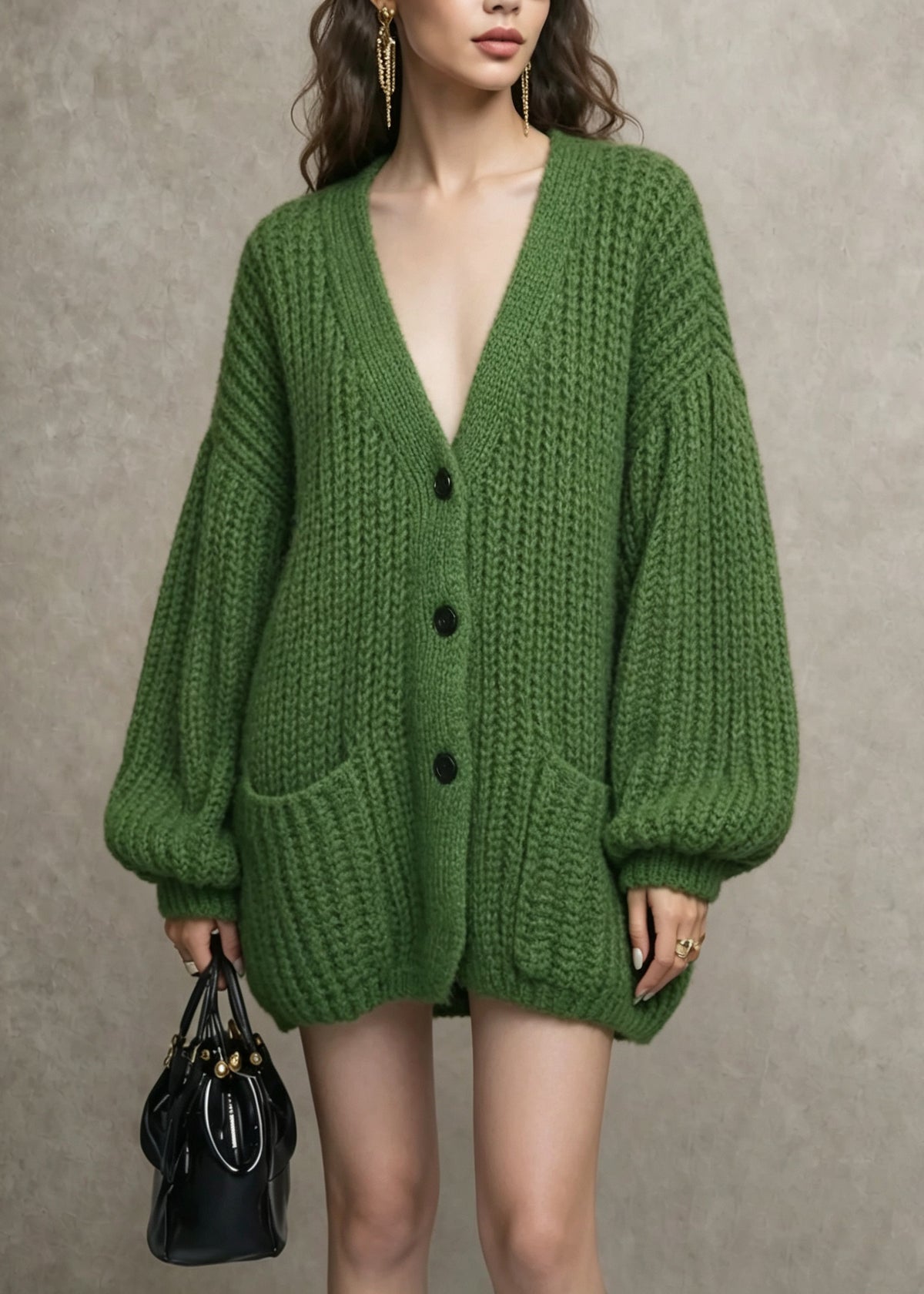 Women Green V Neck Pockets Button Knit Cardigans Fall