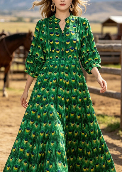 Women Green V Neck Print Cotton Long Dresses Summer