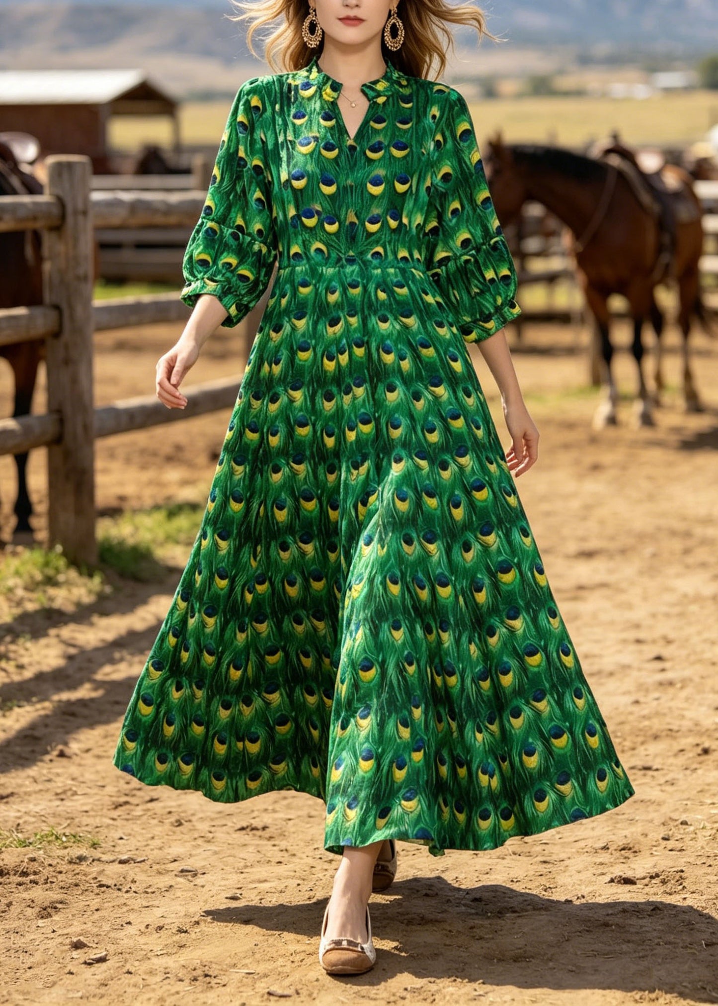 Women Green V Neck Print Cotton Long Dresses Summer