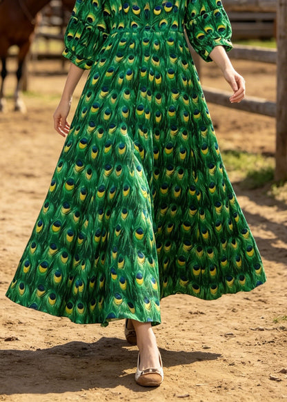 Women Green V Neck Print Cotton Long Dresses Summer