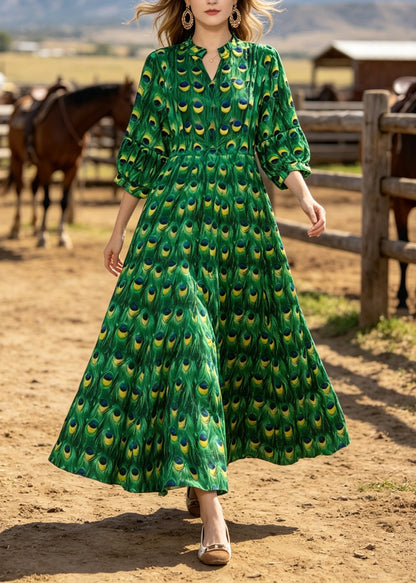 Women Green V Neck Print Cotton Long Dresses Summer