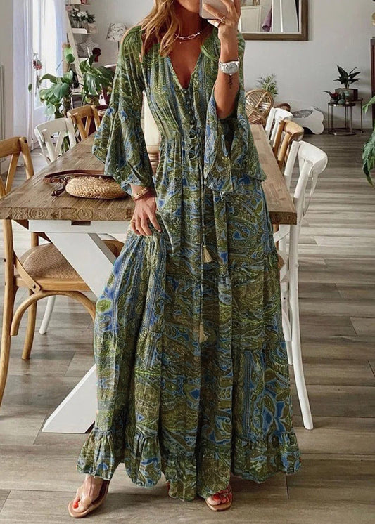 Women Green V Neck Print Cotton Maxi Dresses Flare Sleeve