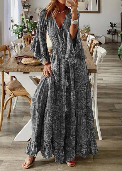 Women Green V Neck Print Cotton Maxi Dresses Flare Sleeve