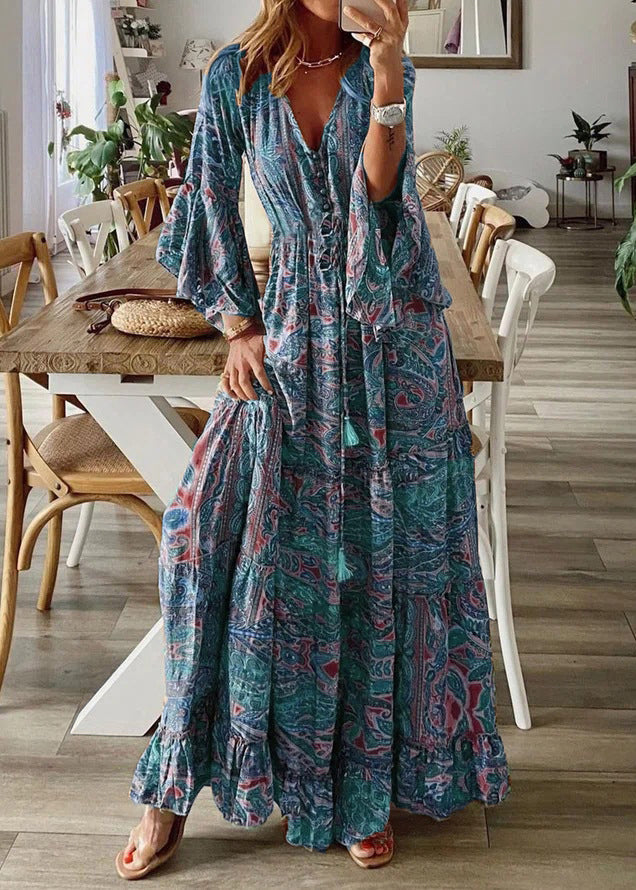 Women Green V Neck Print Cotton Maxi Dresses Flare Sleeve
