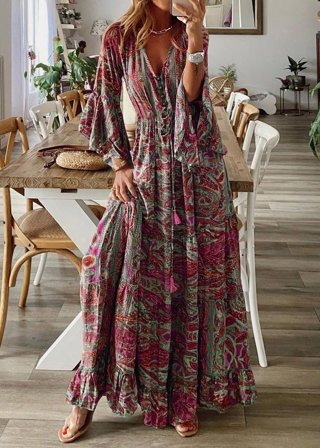 Women Green V Neck Print Cotton Maxi Dresses Flare Sleeve