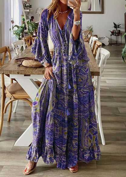 Women Green V Neck Print Cotton Maxi Dresses Flare Sleeve