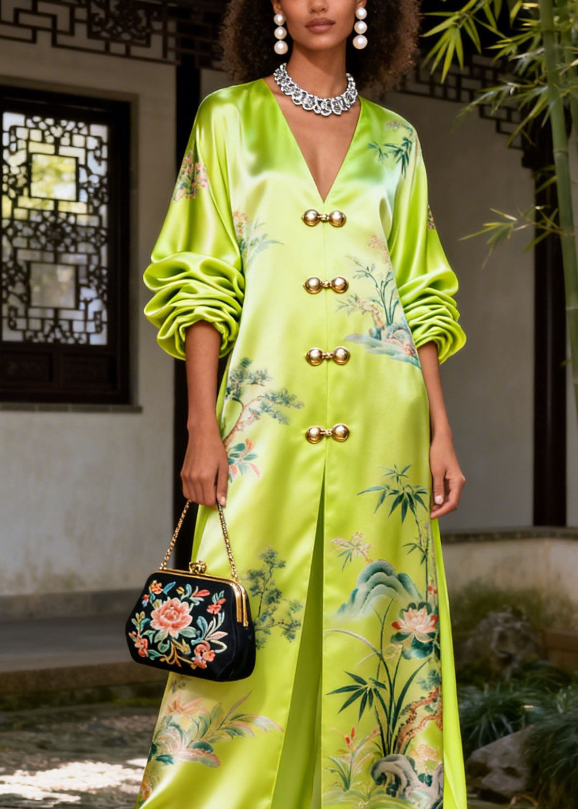 Women Green V Neck Print Silk Vacation Dresses Summer