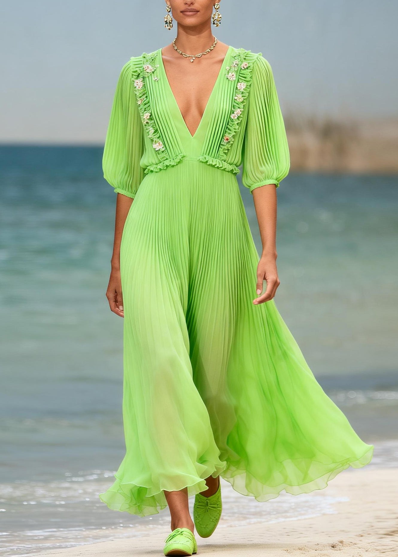 Women Green V Neck Ruffled Floral Chiffon Ankle Dress Summer