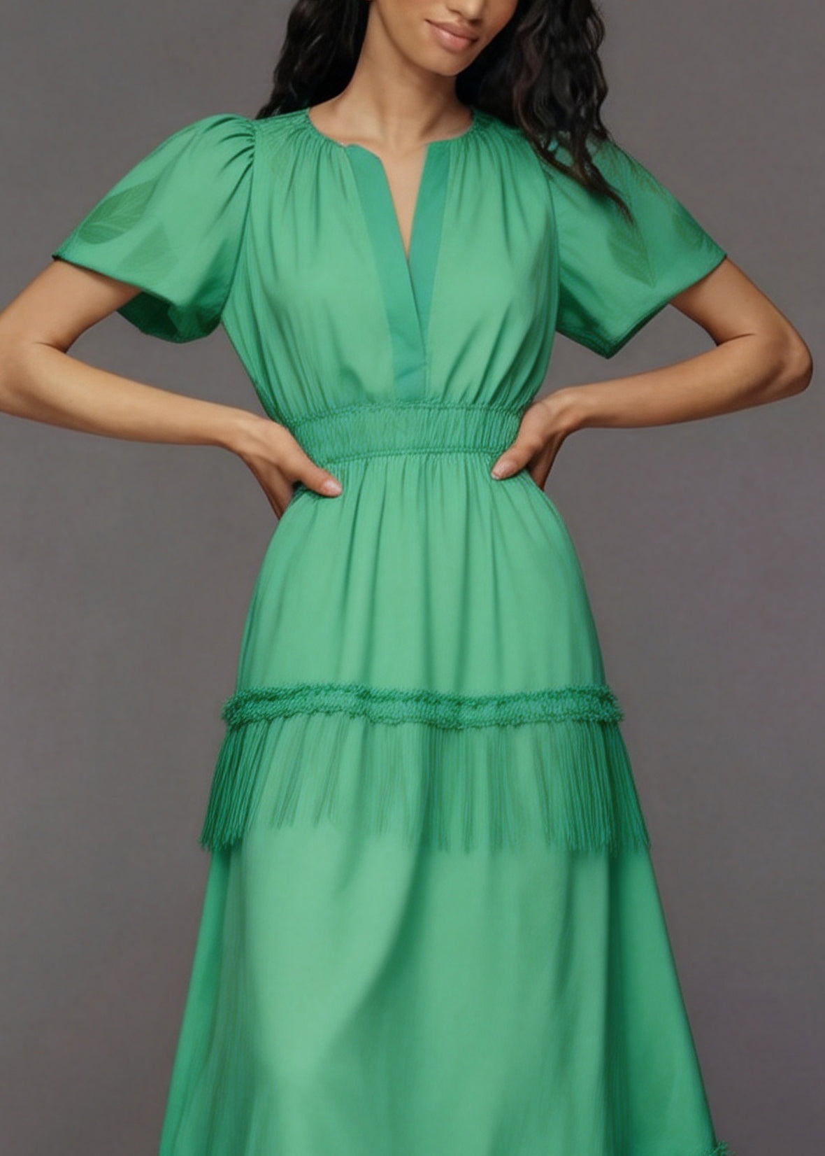Women Green V Neck Tassel Patchwork Cotton Maxi Dresses Summer