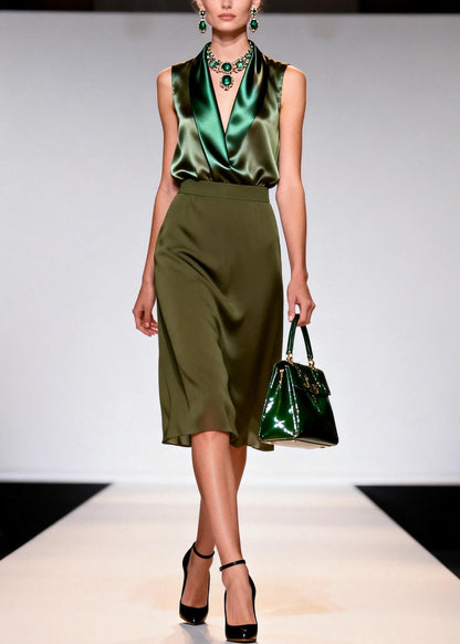 Women Green V Neck Top And Skirts Silk Two Piece Set Sleeveless