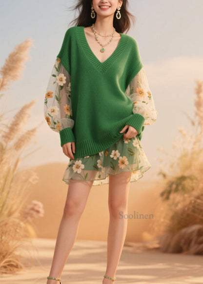 Women Green V Neck Tulle Patchwork Knit Sweaters Fall