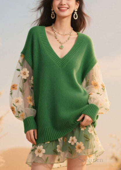 Women Green V Neck Tulle Patchwork Knit Sweaters Fall