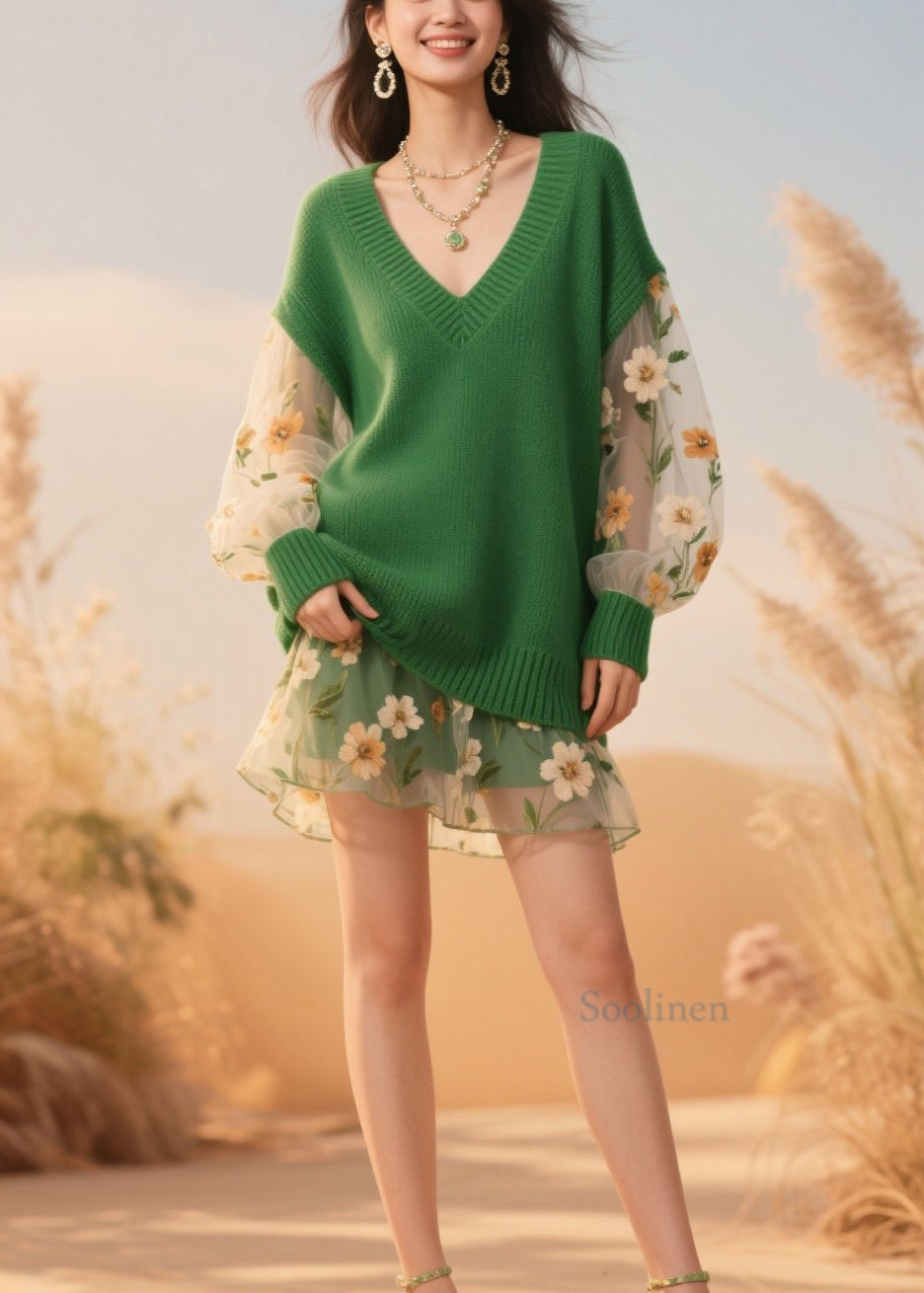 Women Green V Neck Tulle Patchwork Knit Sweaters Fall