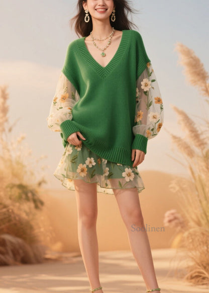 Women Green V Neck Tulle Patchwork Knit Sweaters Fall