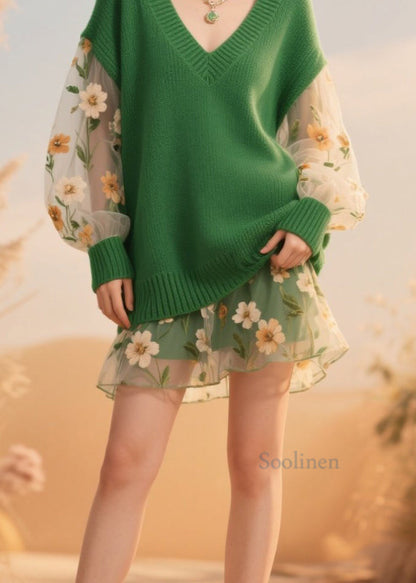 Women Green V Neck Tulle Patchwork Knit Sweaters Fall
