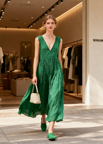 Women Green V Neck Wrinkled Patchwork Cotton Long Dresses Sleeveless