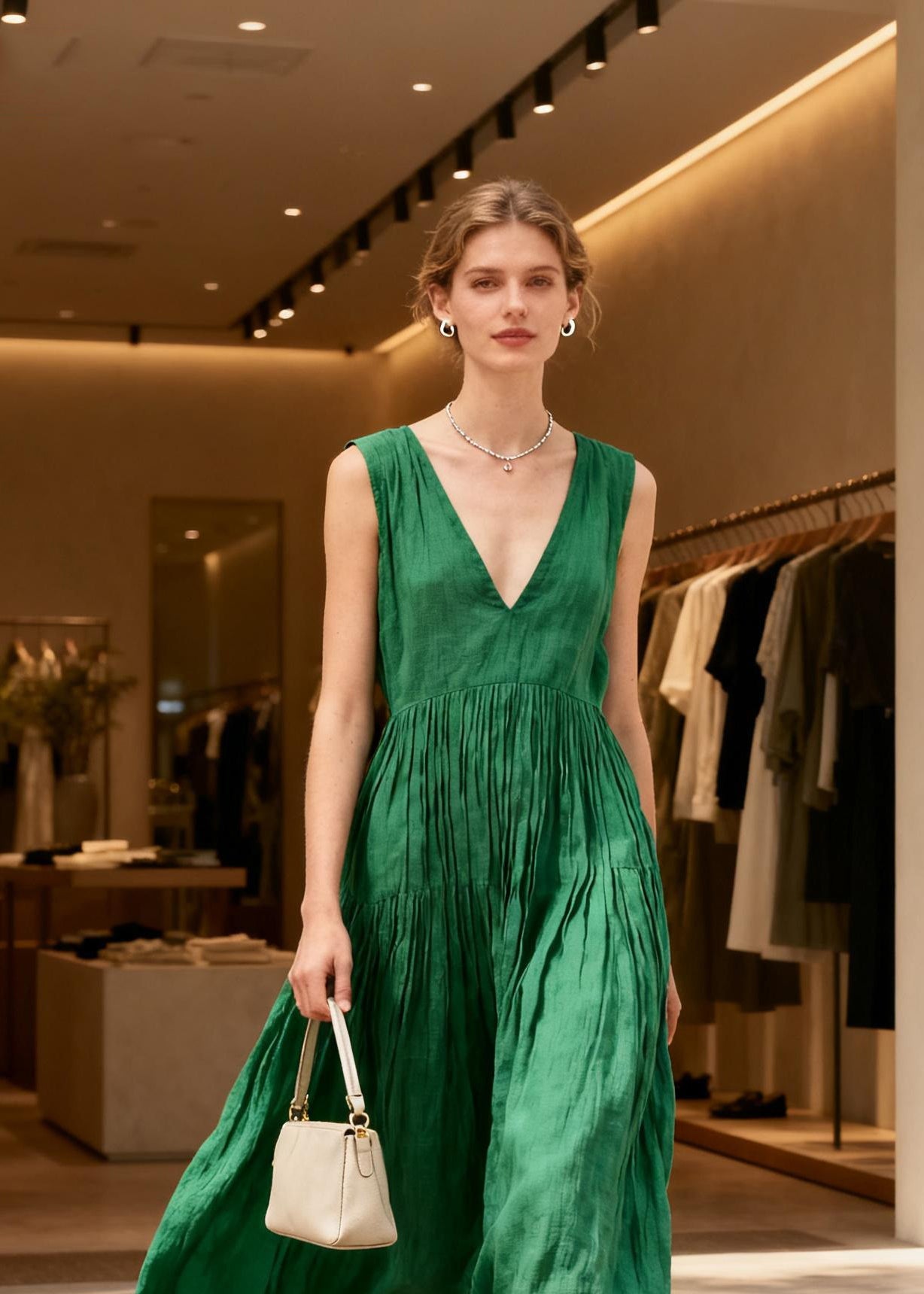 Women Green V Neck Wrinkled Patchwork Cotton Long Dresses Sleeveless