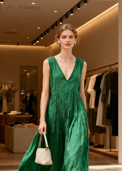 Women Green V Neck Wrinkled Patchwork Cotton Long Dresses Sleeveless