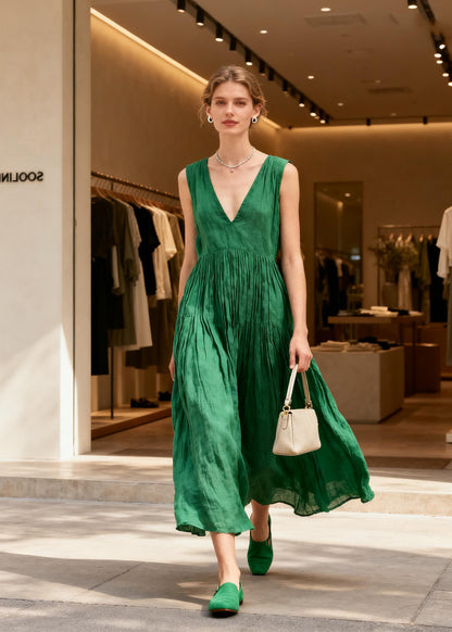 Women Green V Neck Wrinkled Patchwork Cotton Long Dresses Sleeveless