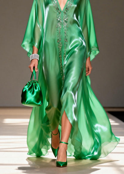Women Green V Neck Zircon Chiffon Long Dresses Summer