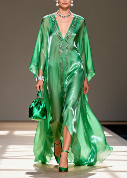Women Green V Neck Zircon Chiffon Long Dresses Summer
