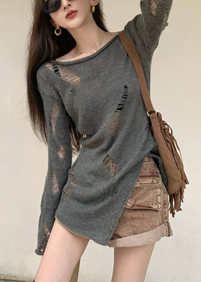 Women Grey Asymmetrical Hollow Out Knit Sweater Spring