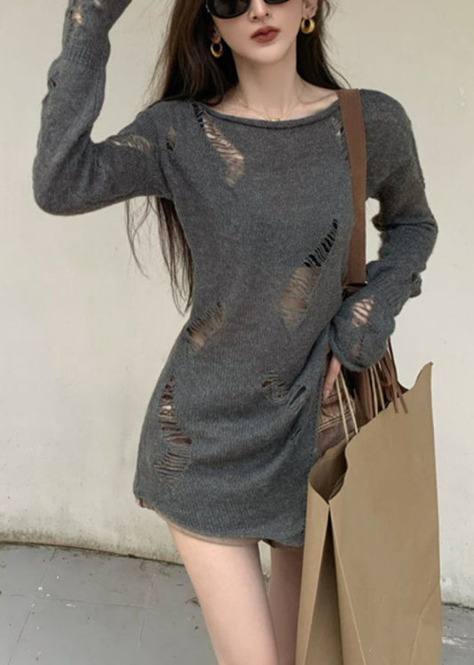 Women Grey Asymmetrical Hollow Out Knit Sweater Spring