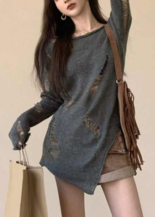 Women Grey Asymmetrical Hollow Out Knit Sweater Spring