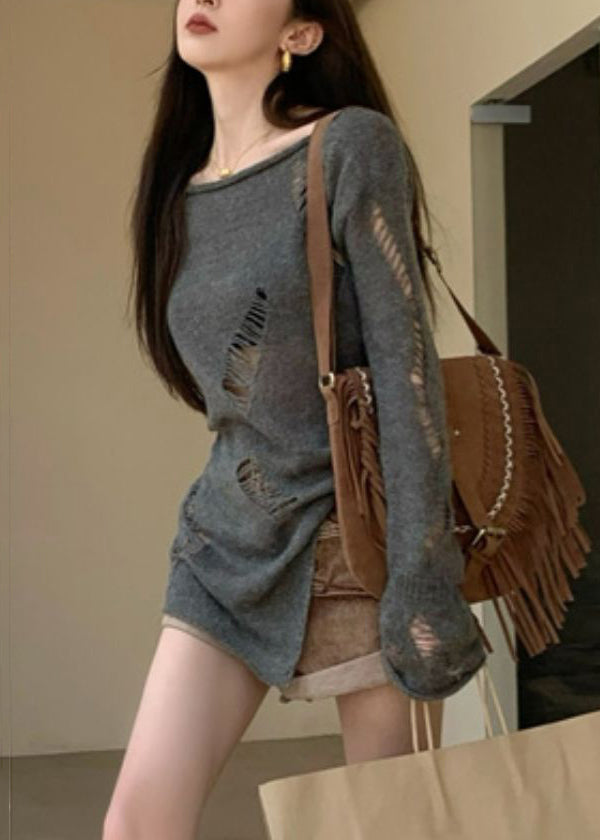 Women Grey Asymmetrical Hollow Out Knit Sweater Spring