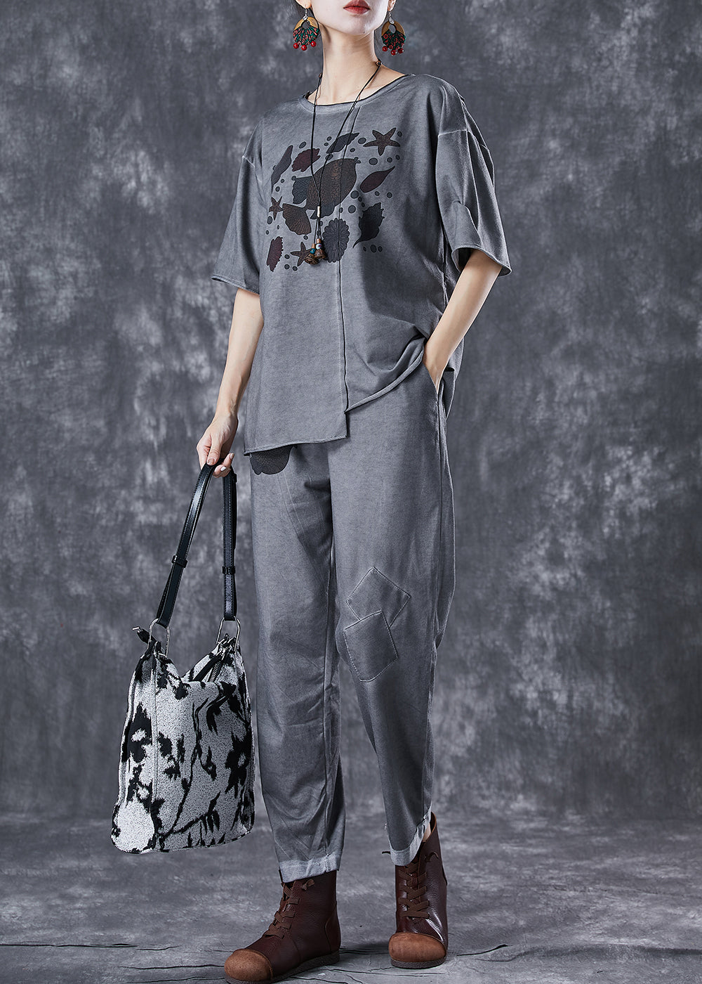 Women Grey Asymmetrical Patchwork Applique Cotton Two Pieces Set Summer