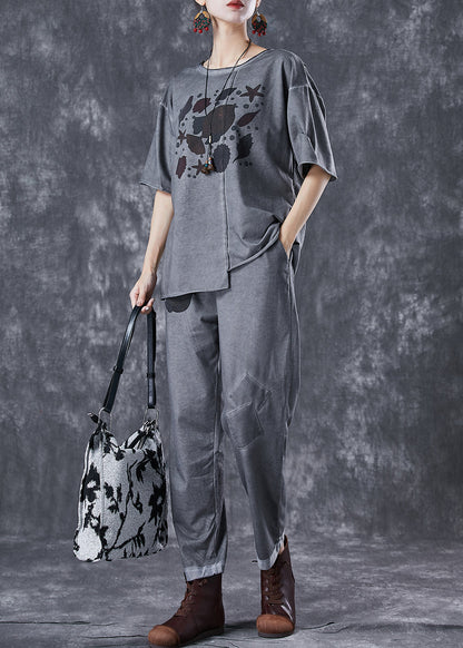 Women Grey Asymmetrical Patchwork Applique Cotton Two Pieces Set Summer