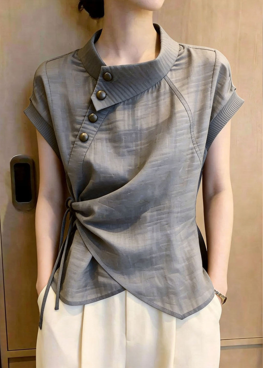 Women Grey Asymmetrical Tie Waist Cotton Top Summer