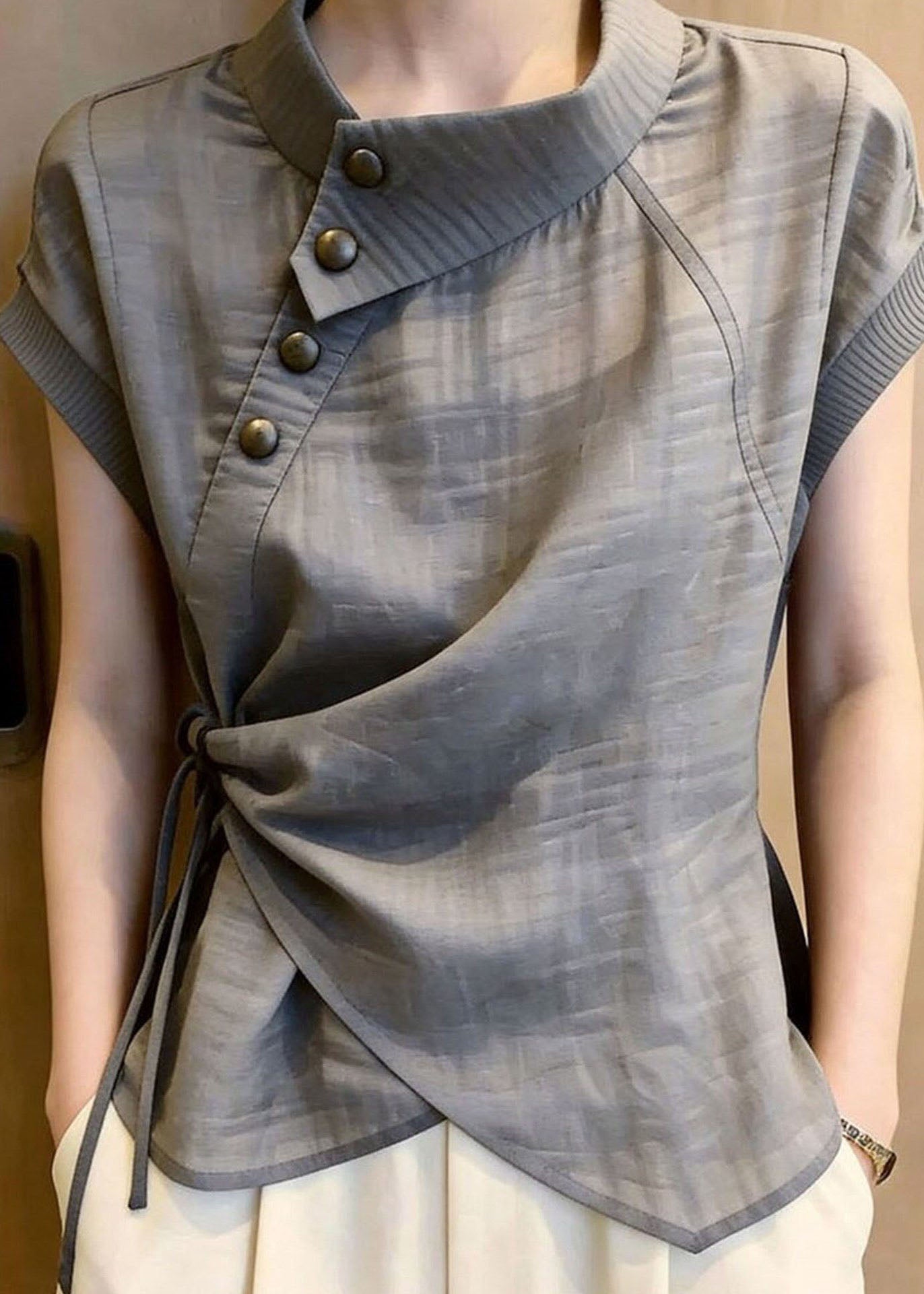 Women Grey Asymmetrical Tie Waist Cotton Top Summer