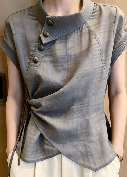 Women Grey Asymmetrical Tie Waist Cotton Top Summer