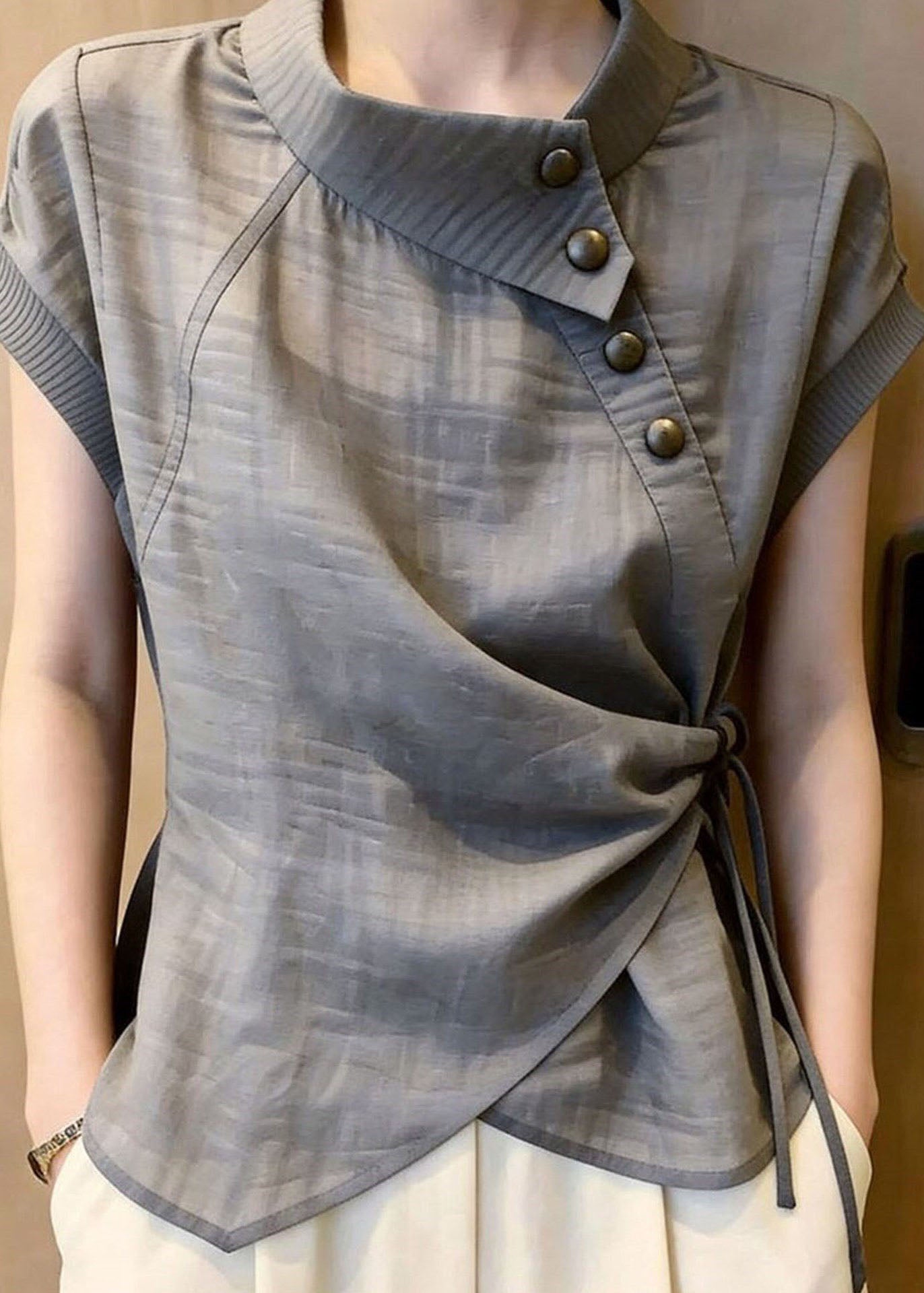 Women Grey Asymmetrical Tie Waist Cotton Top Summer