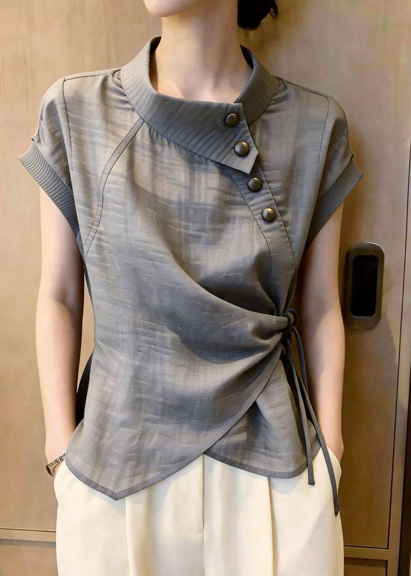 Women Grey Asymmetrical Tie Waist Cotton Top Summer